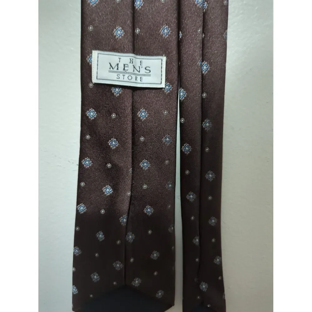 The Mens Store Brown Geometric Medallion Silk‎ Necktie Blue Silver Diamond